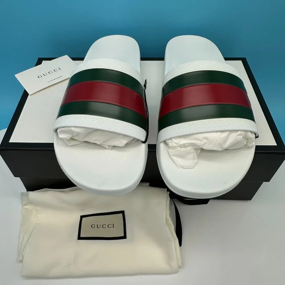 Gucci Men's Pursuit Pool Rubber Slides Sandal, Size‎ 7G/US 7.5, White/Red/Green